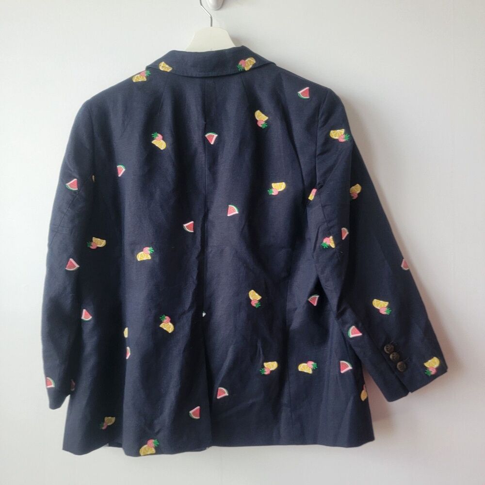 Talbots womens Embroidered Fruits Blazer size 10 linen blend navy 3/4 sleeve - Picture 2 of 7